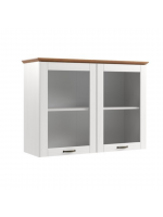 Armário aéreo com duas portas de vidro na cor branco lavado com honey / coleção Alma